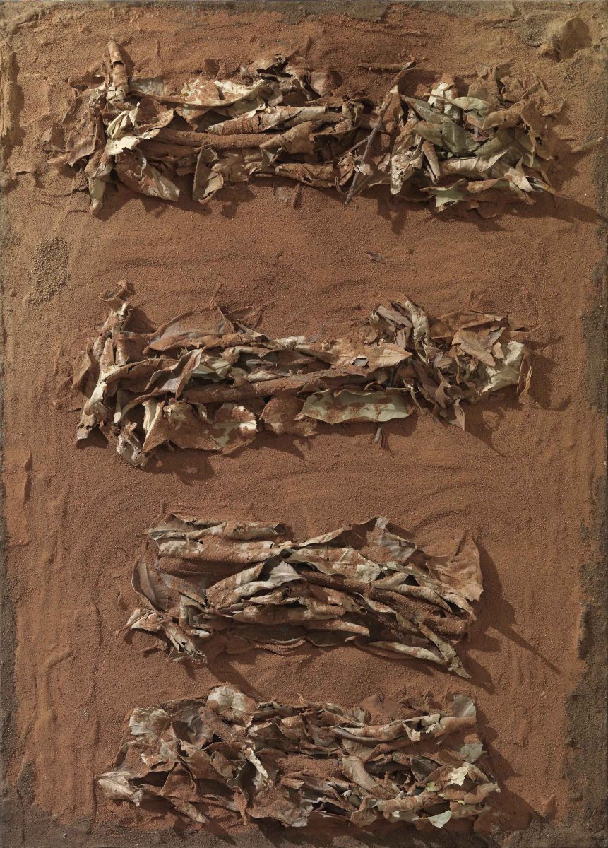 Mixed Media on canvas: Burned resins -earth-dry leaves- gold leaves- wood sticks and  melted candles. Dimensions 50X70