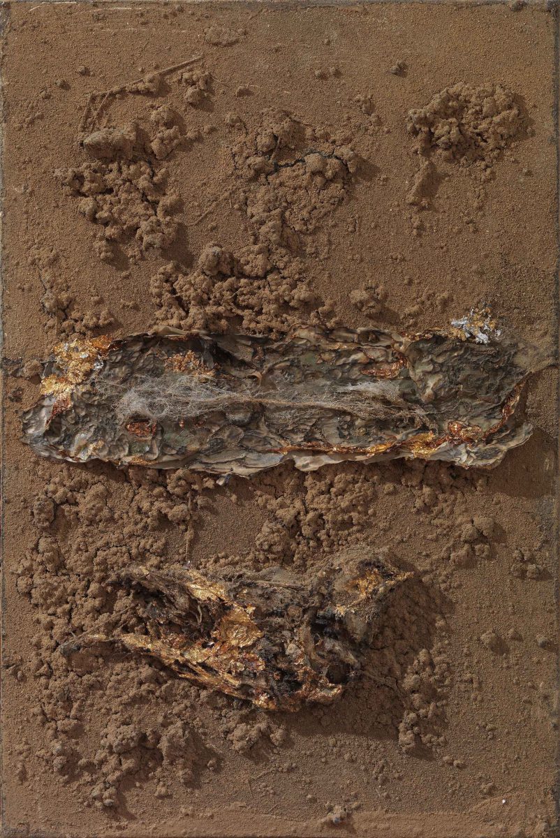 Mixed Media on canvas: Burned resins -earth-dry leaves- gold leaves- wood sticks and melted candles. Dimensions 40X45