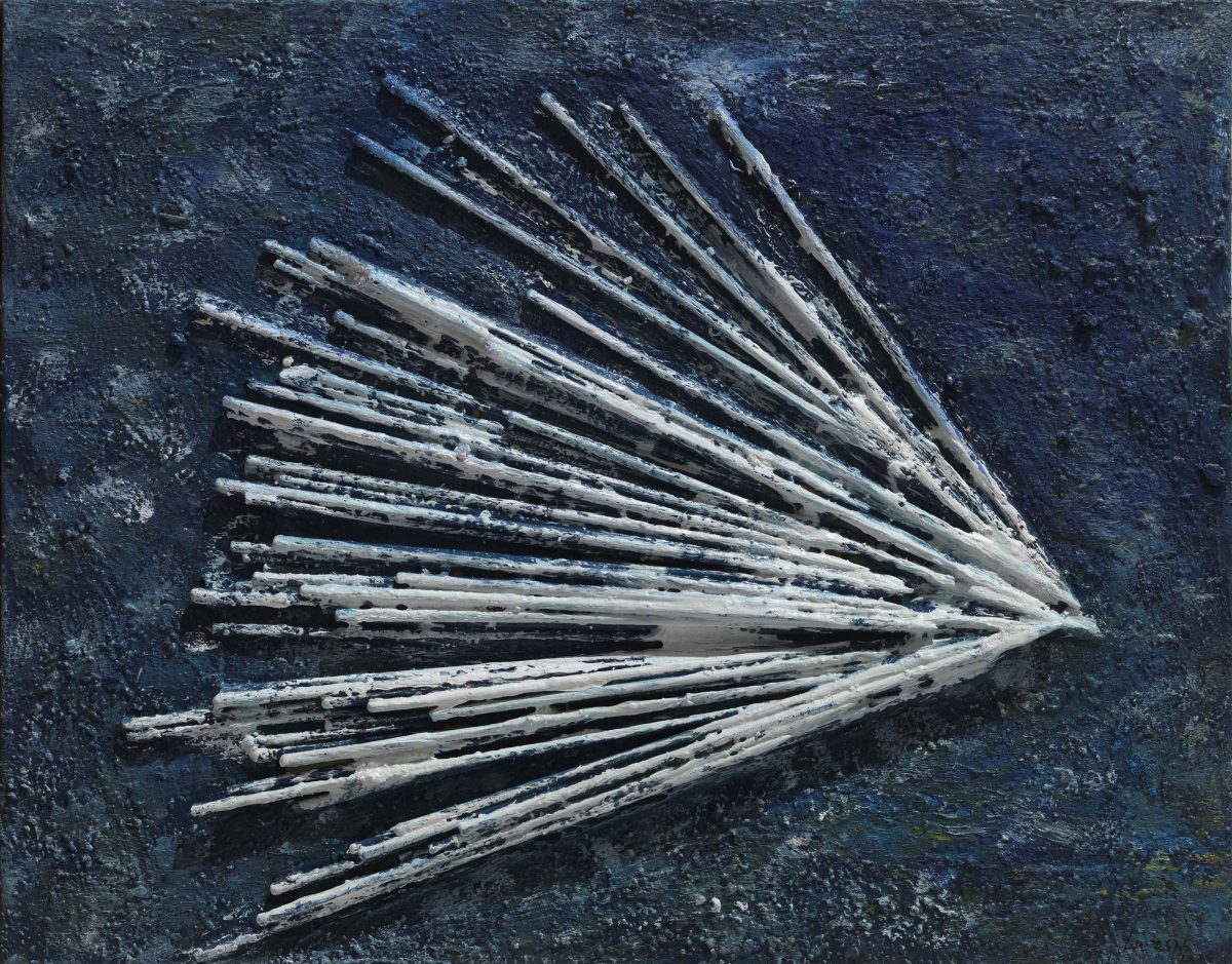 Mixed media on canvas.Wood sticks - oil  and pigmente. Dimensions 33X43