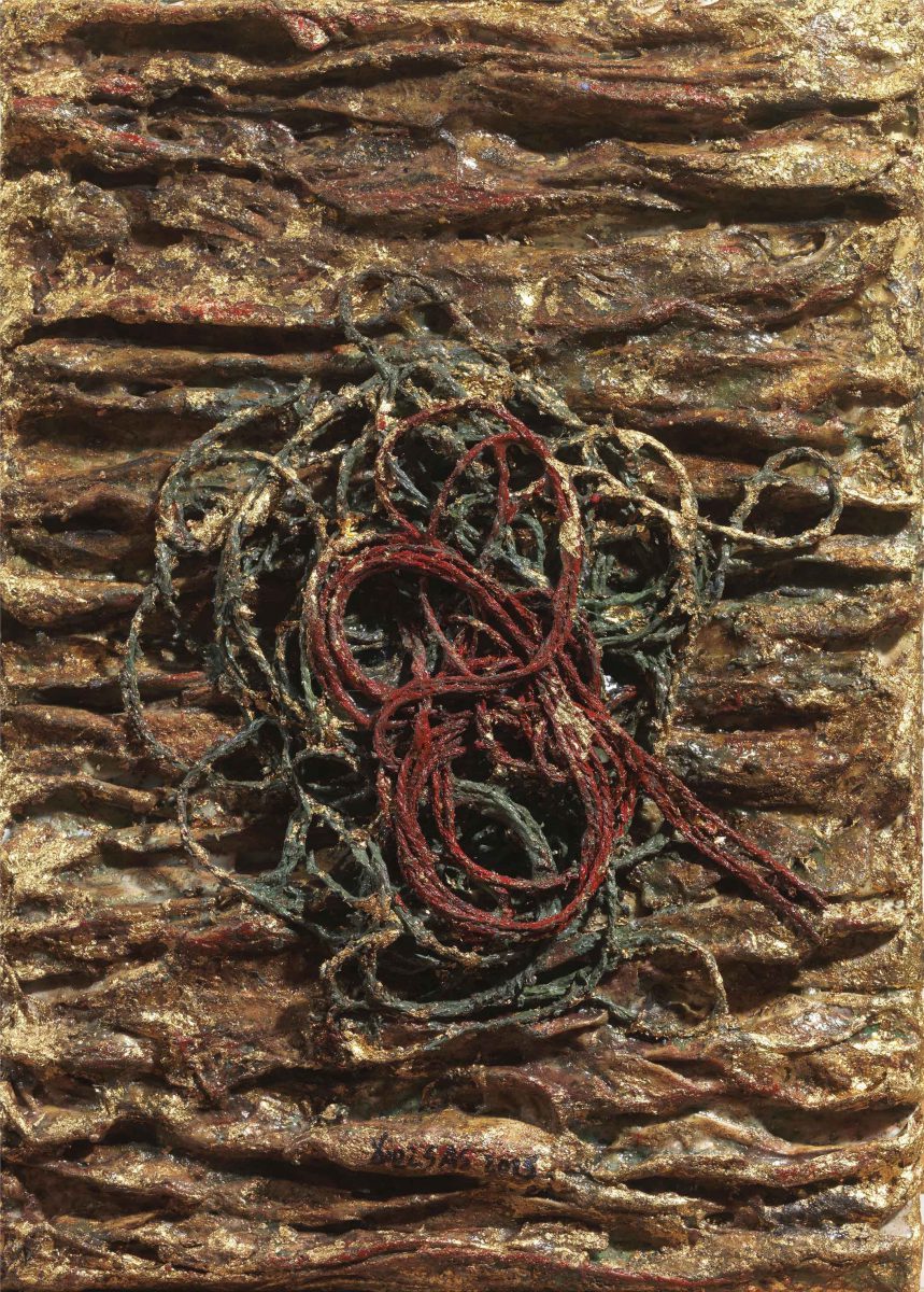 Mixed Media on canvas: Burned resins- gold - and rope. Dimensions 20X25.