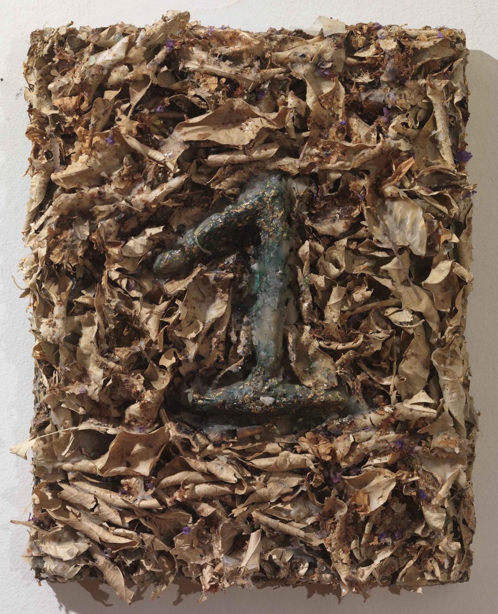 Mixed Media on canvas: Burned resins -earth-dry leaves- gold - wood sticks and melted candles. Dimensions 40X45