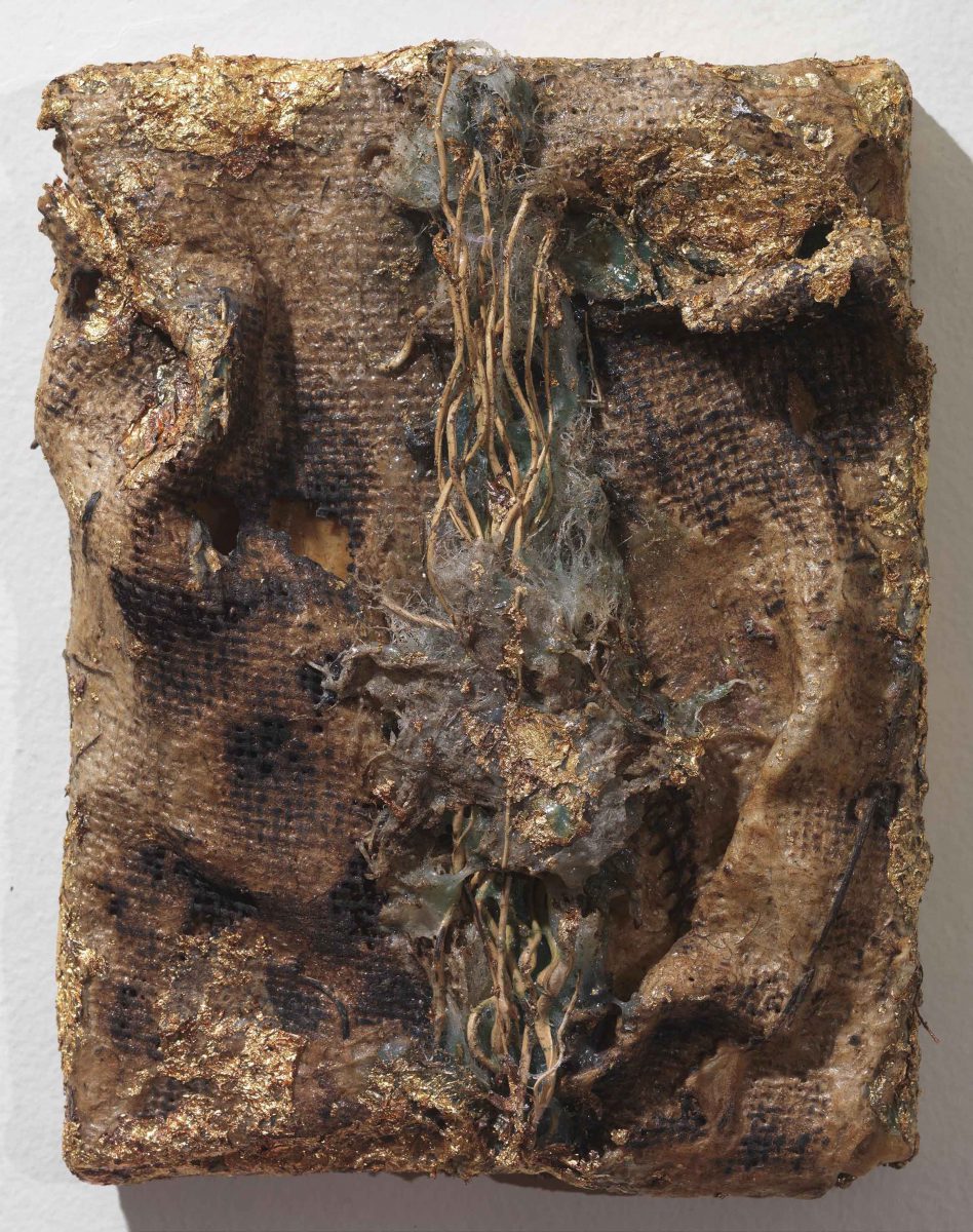 Mixed Media on canvas: Burned wool - resins- textiles and wood sticks.Dimensions 20X15.