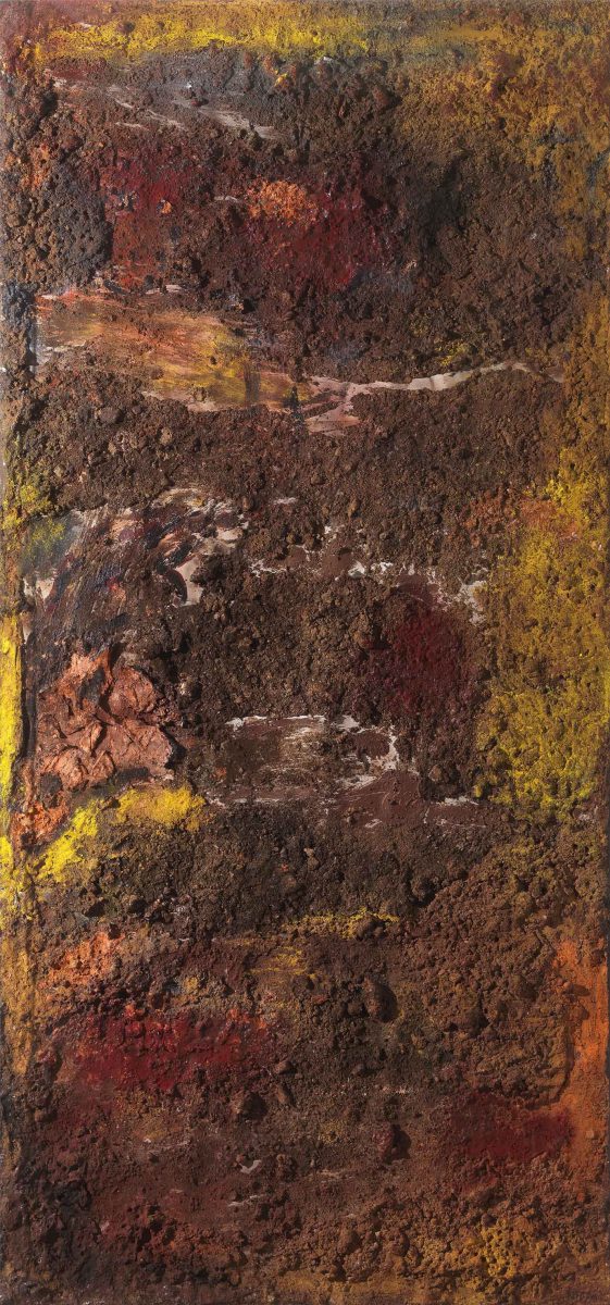 Mixed media on canvas.  Sand --earth -resins -ash -pigments. Dimensions 150X70