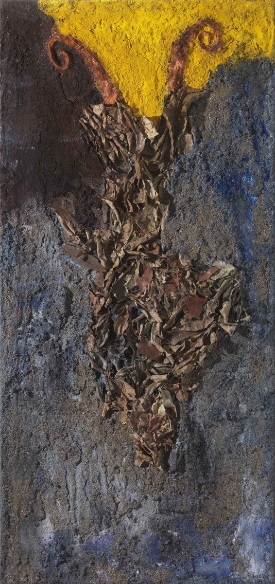Mixed media on canvas.  Sand --earth -resins -ash -pigments. Dimensions 150X70