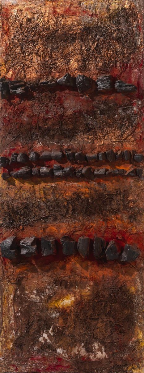 Mixed Media on wood. Charcoals -pigments and pineneedles. Dimensions:70X150
